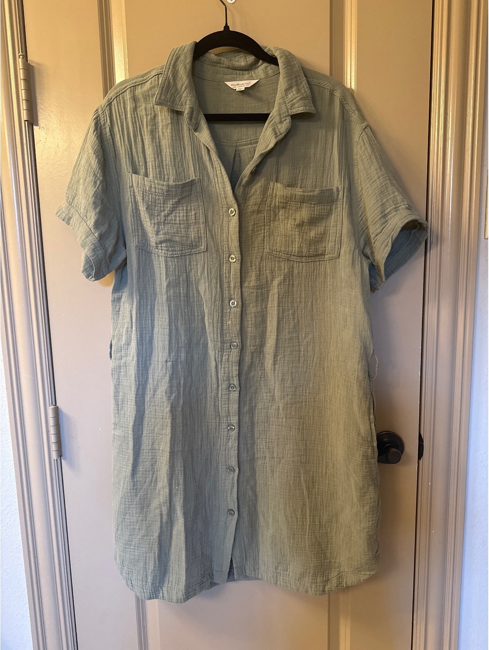 Light khaki green  Button-Up Short Sleeve Cotton Dress with Pockets